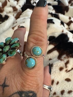 Native made Sterling Silver kingman Turquoise Double Stone Open Ring - Turquoise